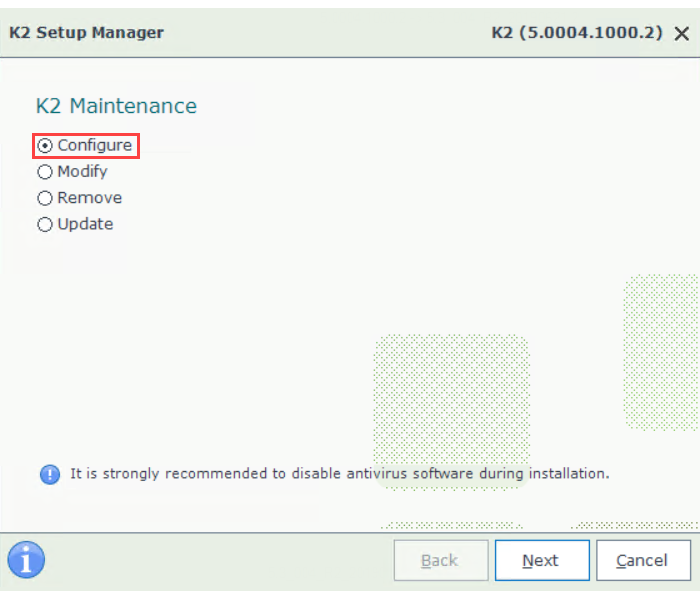 K2 Setup Manager - Configure